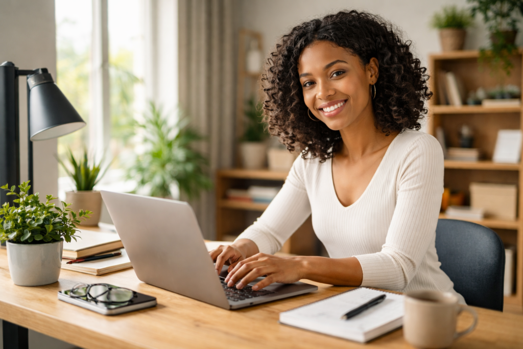 Professional freelancer working remotely on laptop in home office setup