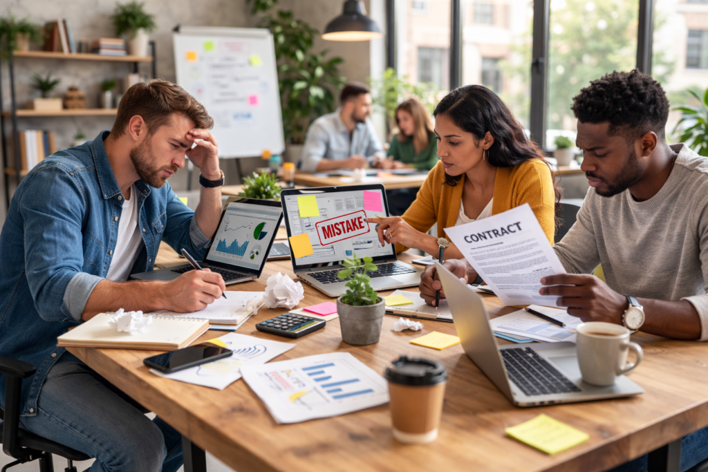 Freelancers reviewing mistakes on laptop and documents during project planning meeting