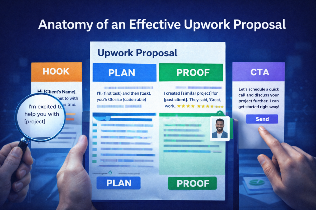 Upwork proposal examples anatomy showing hook, plan, proof, and CTA structure