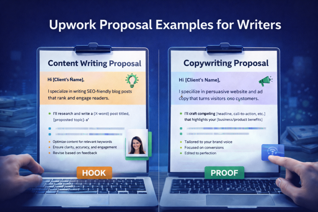 Upwork proposal examples for writers showing content and copywriting templates