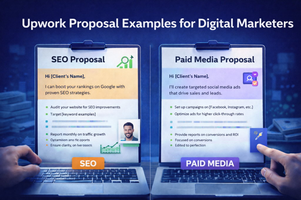Upwork proposal examples for digital marketers showing SEO and paid media templates