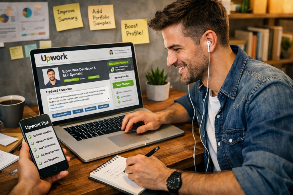 freelancer optimizing an Upwork profile to get more clients on Upwork