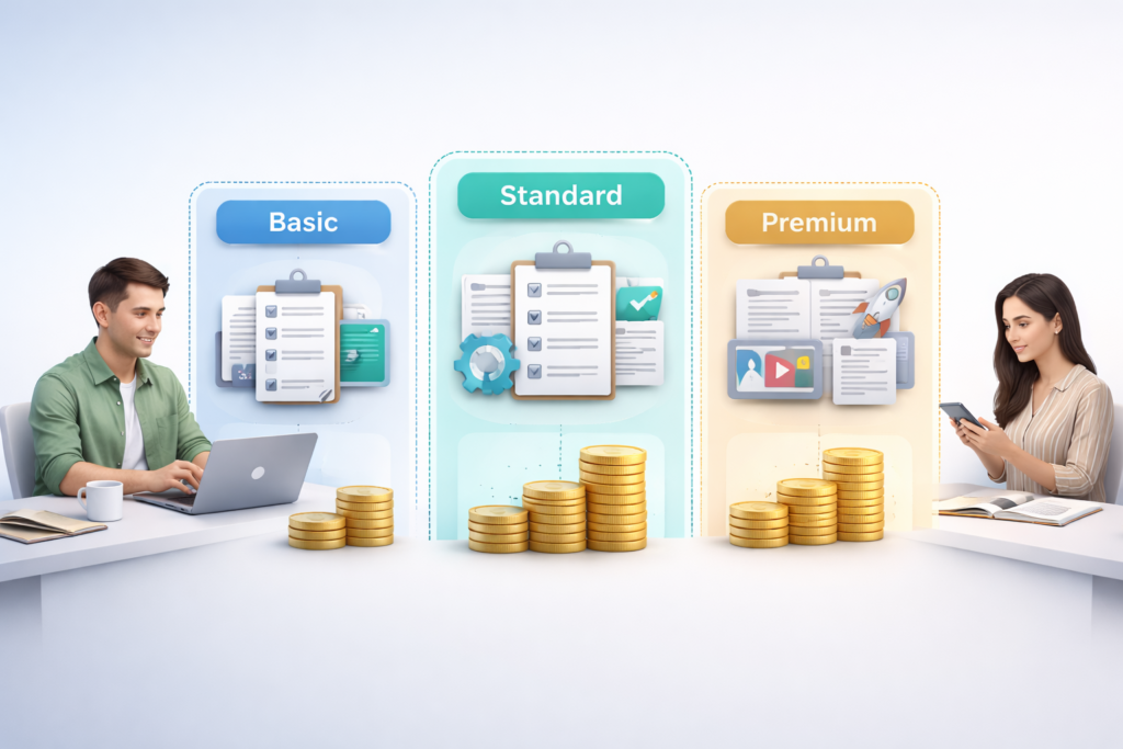 Freelance bidding pricing structure concept with tiered options and scope boundary visuals