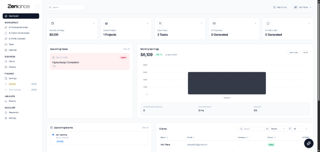 AI tools for freelancers CRM dashboard showing client tracking and proposal management in Zenlance