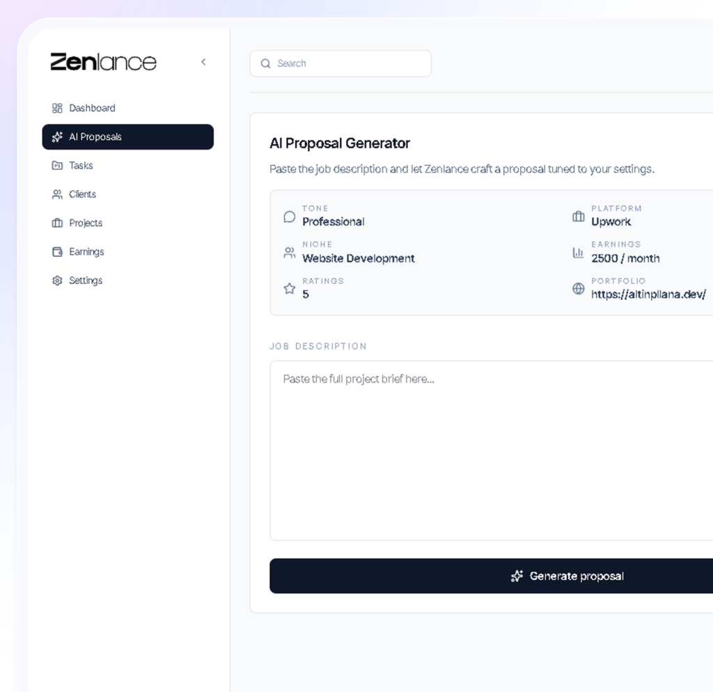 Zenlance free CRM for freelancers interface concept