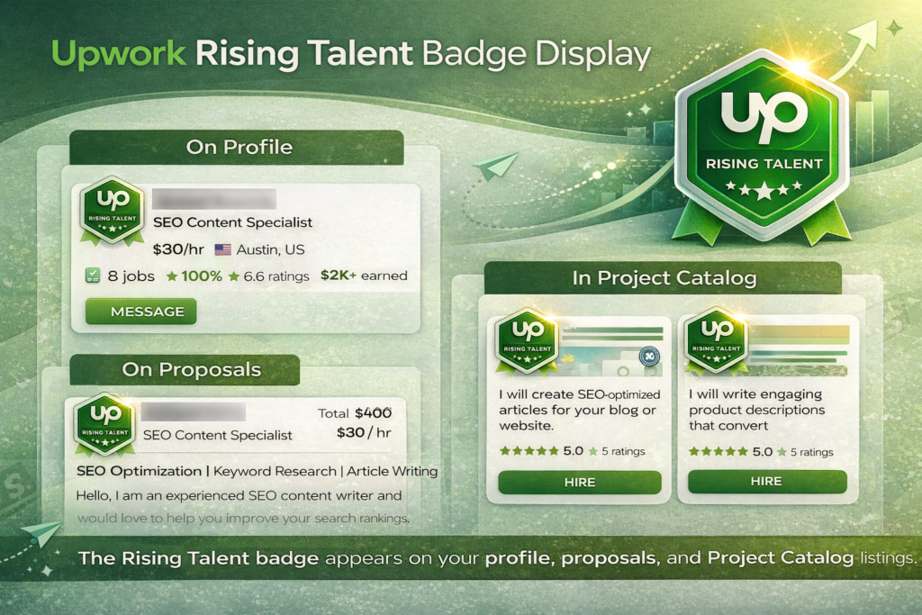 Upwork Rising Talent badge display showing where the badge appears on profile proposals and Project Catalog listings