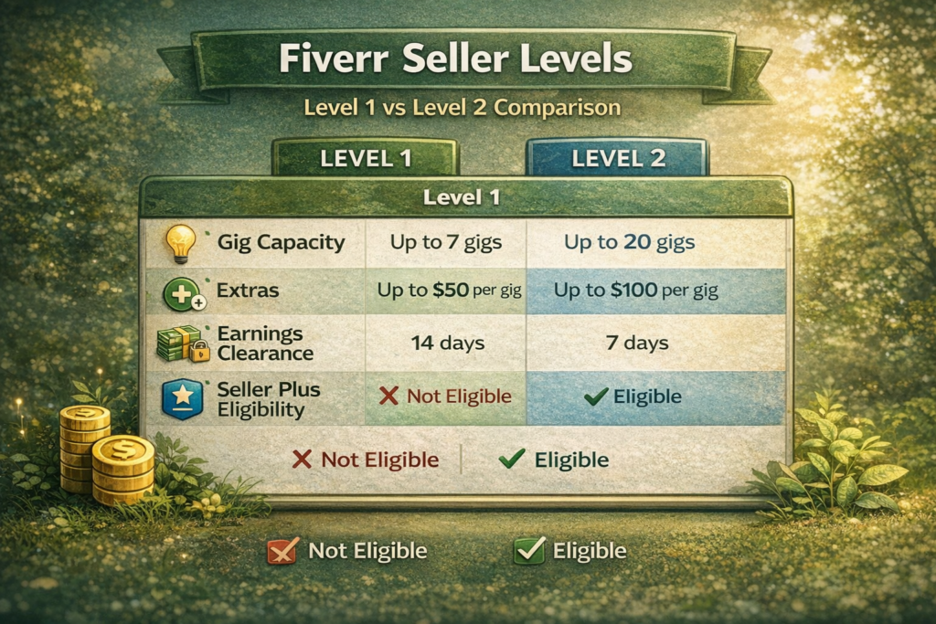 Fiverr seller levels Level 1 vs Level 2 comparison table showing gig capacity extras earnings clearance and Seller Plus eligibility