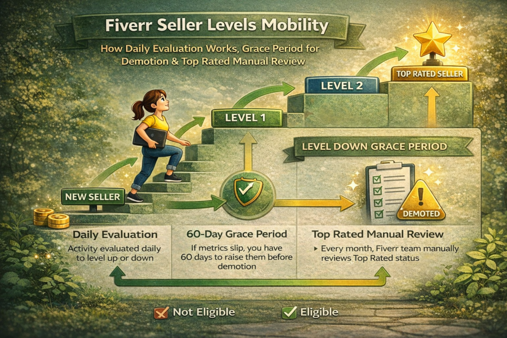 Fiverr seller levels mobility showing how daily evaluation works grace period for demotion and Top Rated manual review process