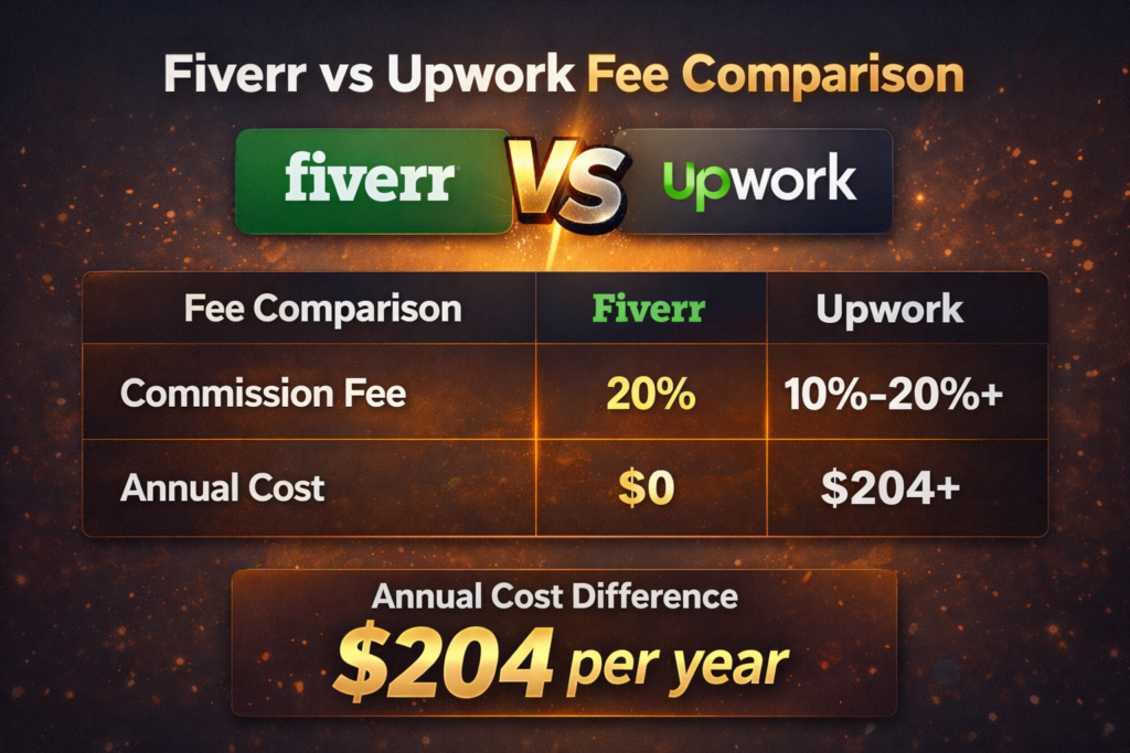 Fiverr vs Upwork fee comparison chart showing commission rates and annual cost difference for freelancers