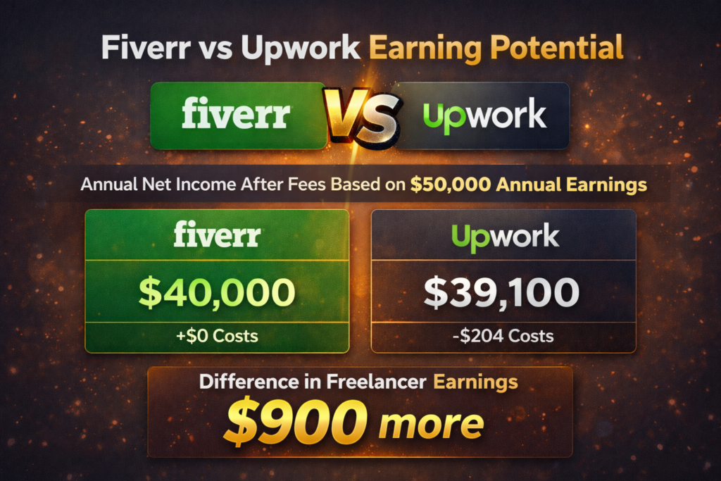 Fiverr vs Upwork earning potential comparison showing annual net income after fees for freelancers
