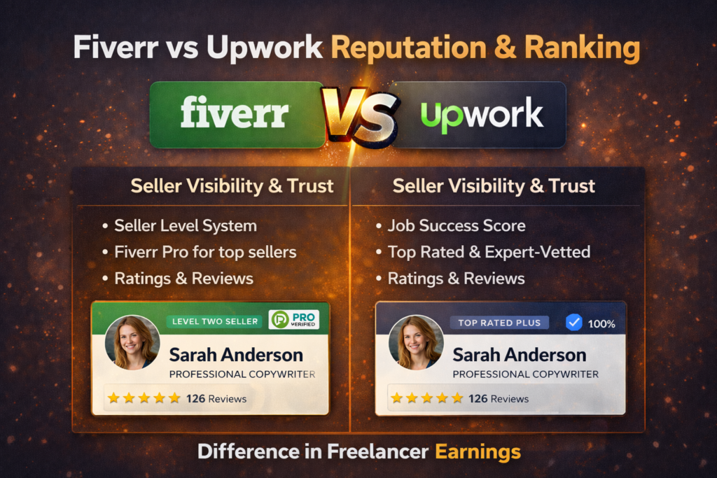 Fiverr vs Upwork reputation and ranking comparison showing how each platform builds seller visibility and trust