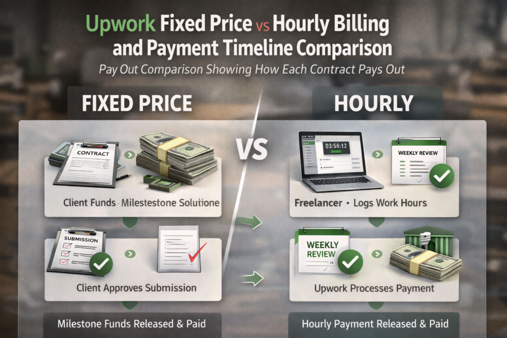 Upwork fixed price vs hourly billing and payment timeline comparison showing how each contract pays out