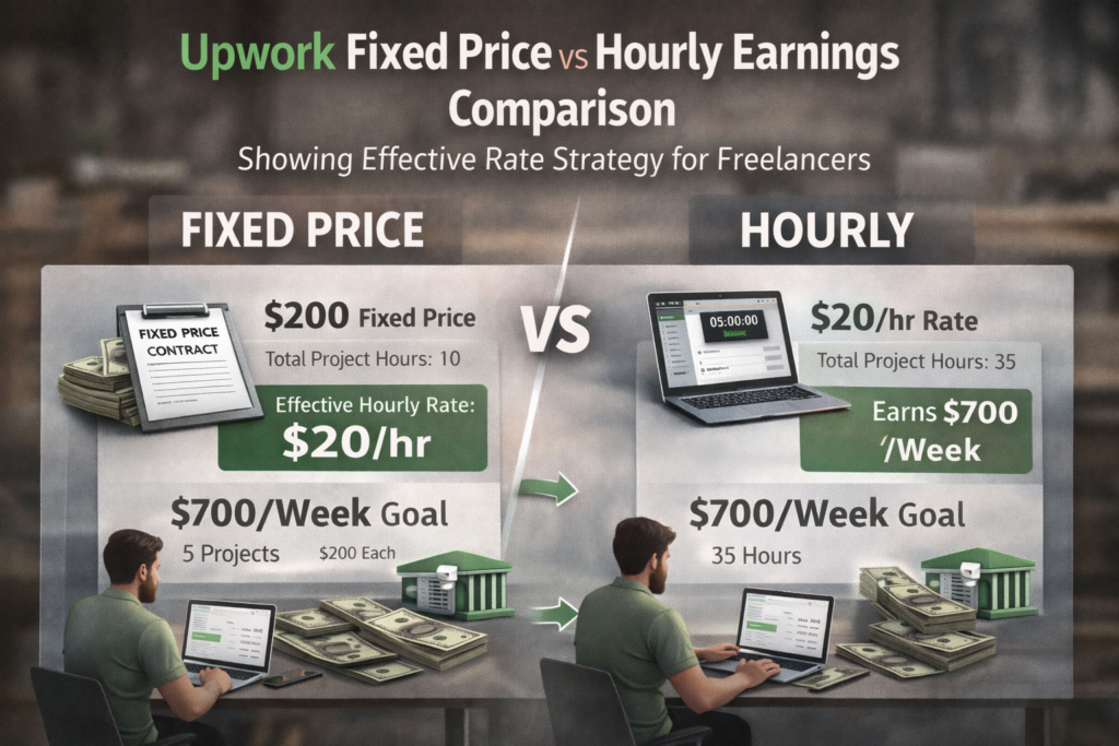 Upwork fixed price vs hourly earnings comparison showing effective rate strategy for freelancers