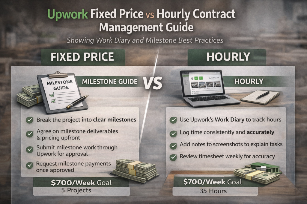 Upwork fixed price vs hourly contract management guide showing work diary and milestone best practices
