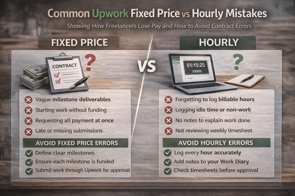 Common Upwork fixed price vs hourly mistakes showing how freelancers lose pay and how to avoid contract errors