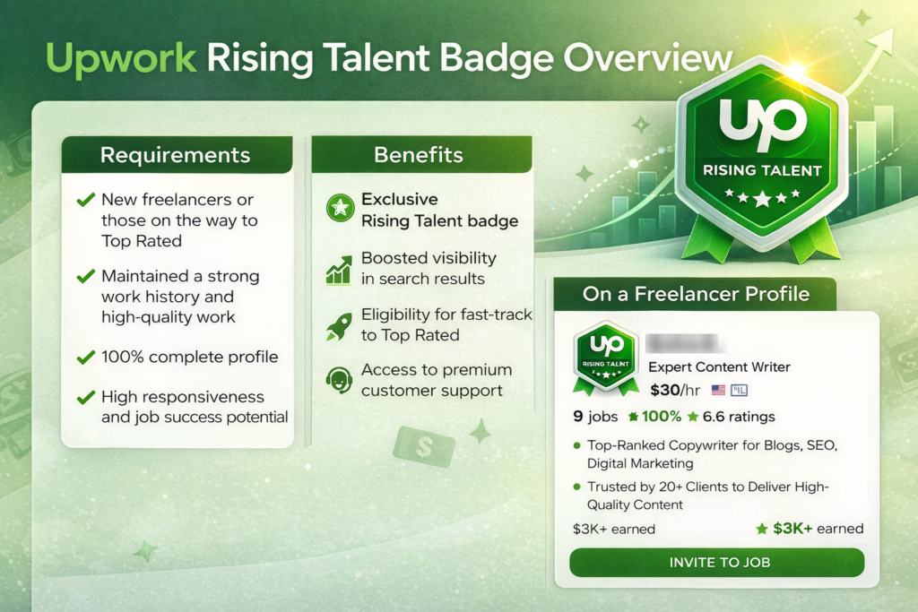 Upwork Rising Talent badge overview showing requirements benefits and what the badge looks like on a freelancer profile