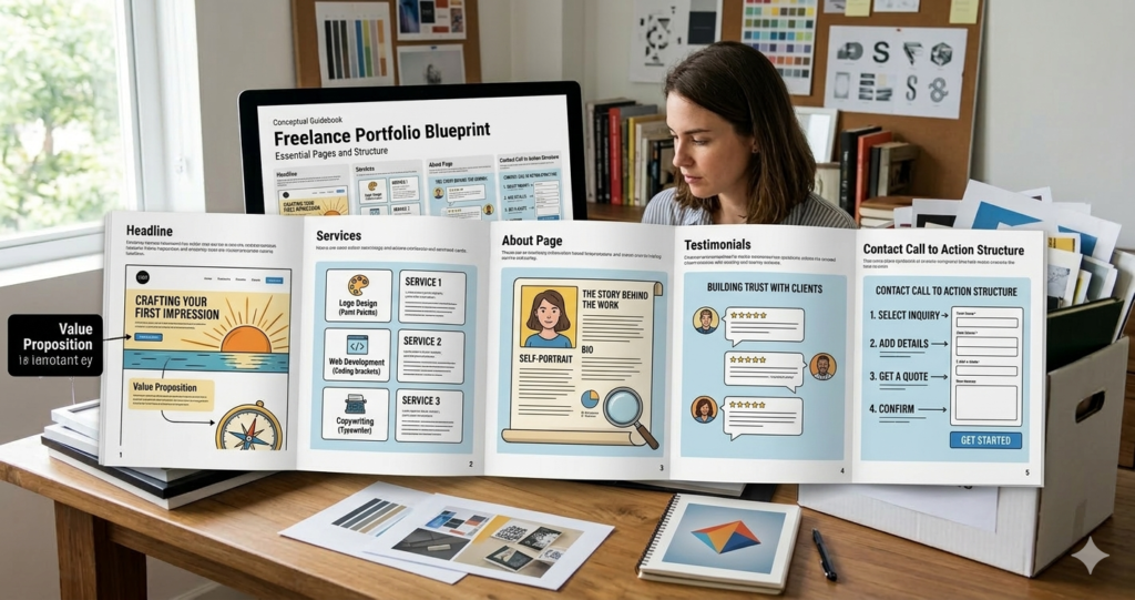 Freelance portfolio essential pages showing headline services about page testimonials and contact call to action structure