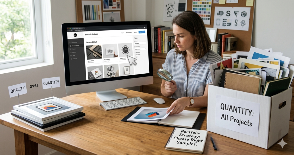 Freelance portfolio curation strategy showing what to include quality over quantity and how to choose the right work samples